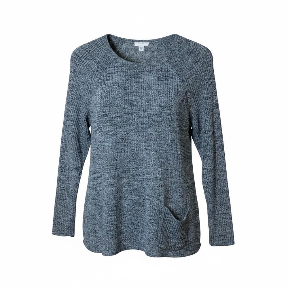 Pure Jill Women Sweater Medium Petite Blue Marled Linen Blend Pocket Coastal